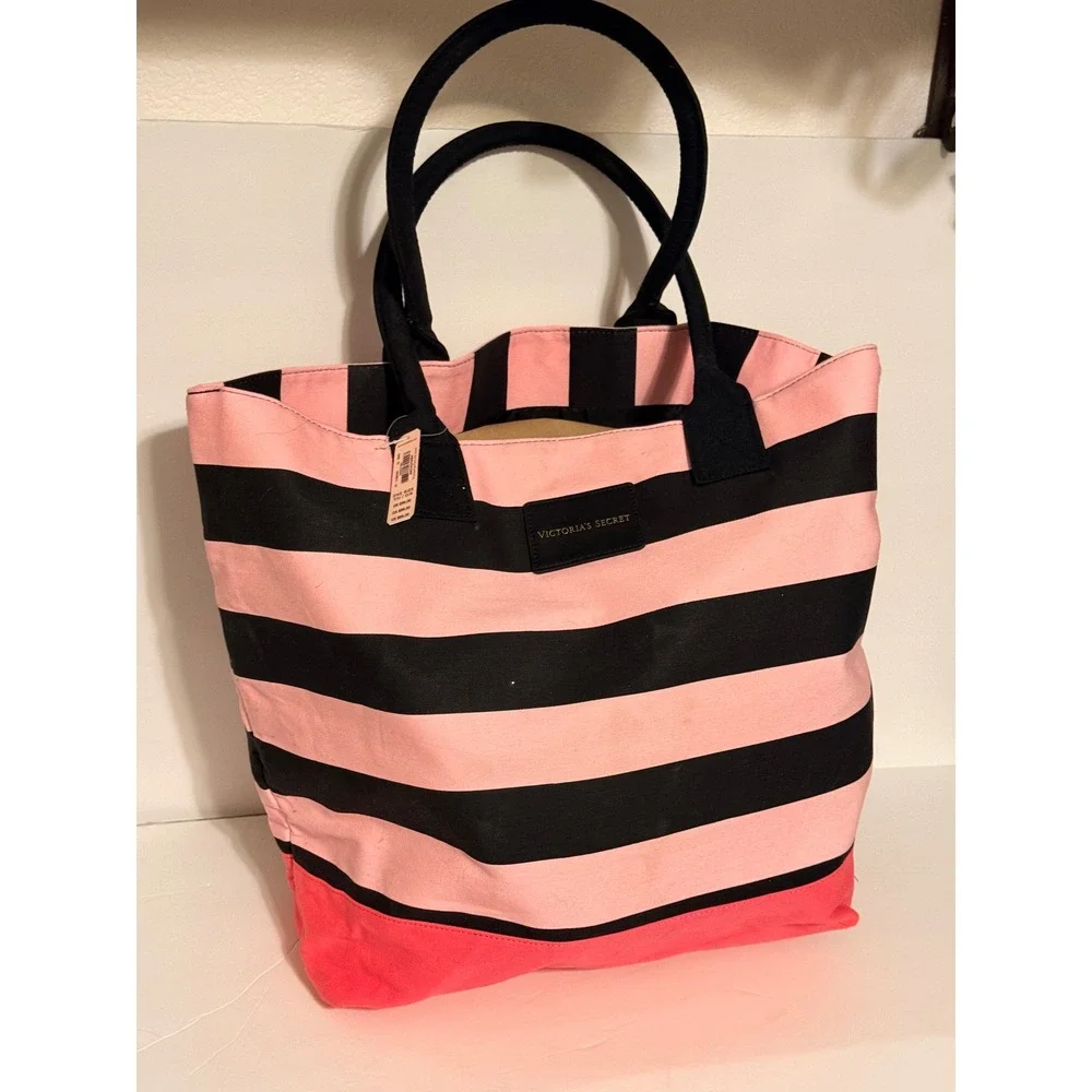 Victoria's Secret‎ Pink Black Striped Canvas Tote Bag Y2K Collectible
